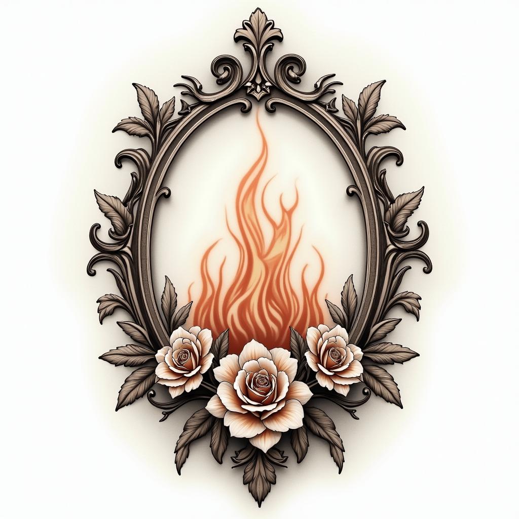 Flame backgroundin victorian style tattoo, featuring vintage and elegant elements, ornate frames, roses, antique, sepia-toned color scheme