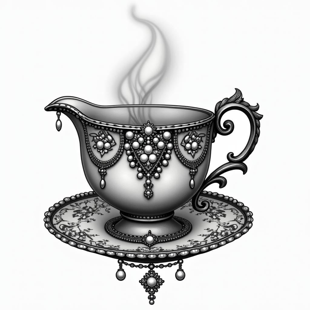 Teacup from the Victorian Renaissance era, heavily draped and adorned in pearls and chains with inlays of jewels and precious gemstones.higly detailed tattoo