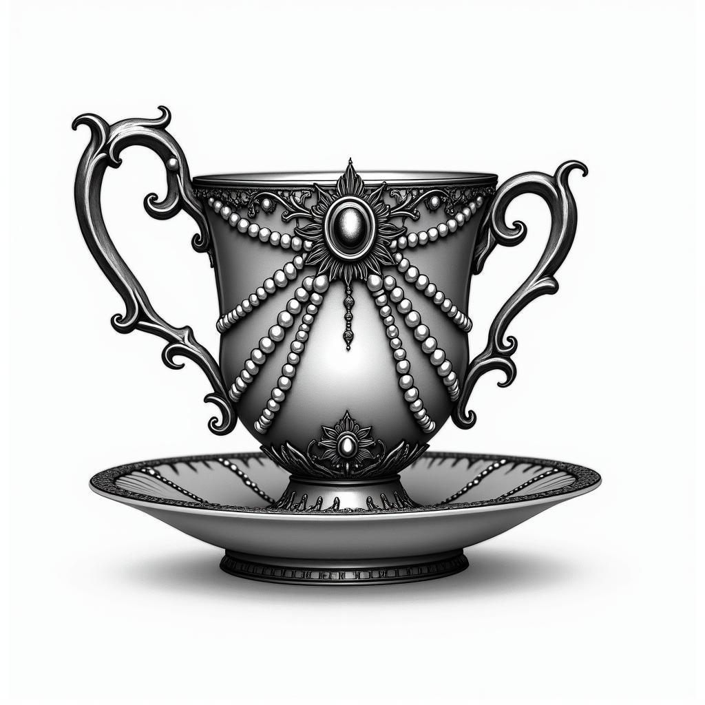 Teacup from the Victorian Renaissance era, heavily draped and adorned in pearls and chains with inlays of jewels and precious gemstones.higly detailed tattoo - Variation 3