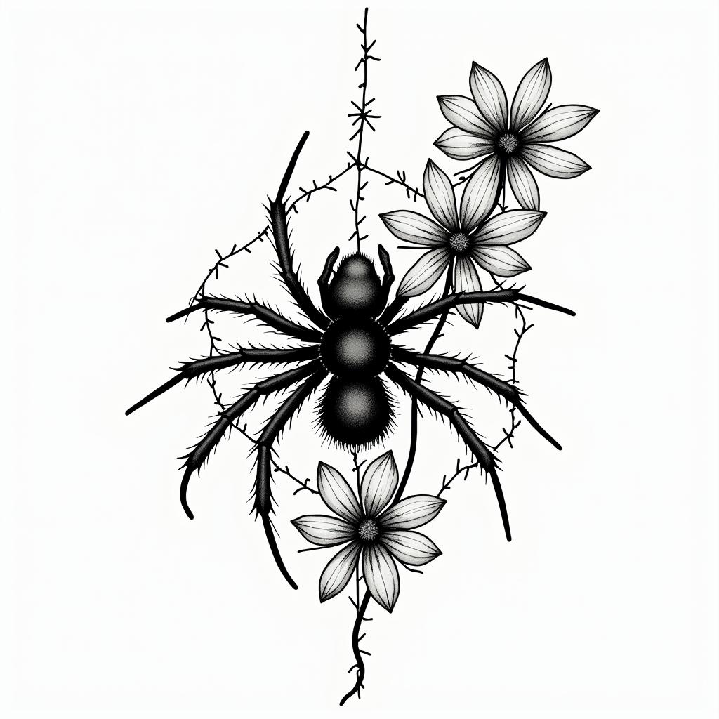 Small spider on web with flowers with stemin authentic tattoo style, incorporating traditional modifications, bold black outlines, solid color fills, featuring classic authentic elements - Variation 7