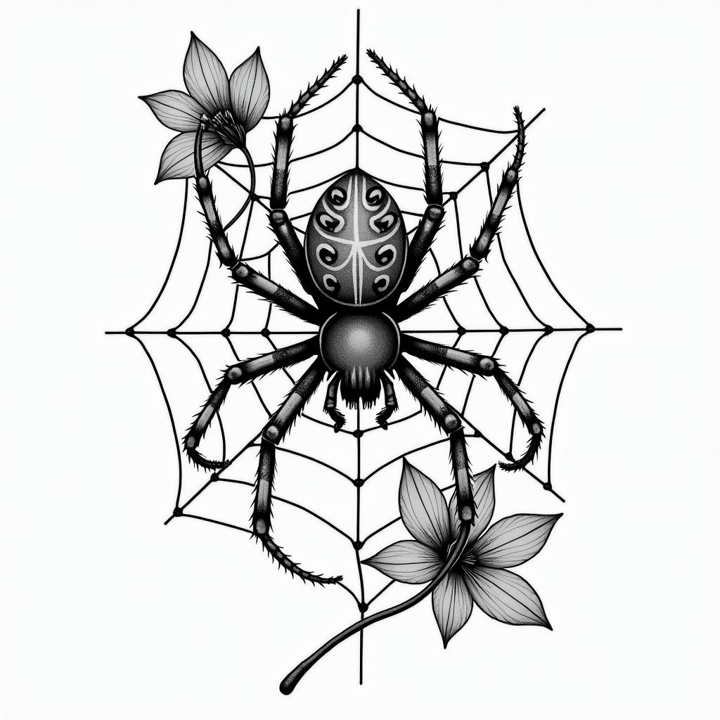 Small spider on web with flowers with stemin authentic tattoo style, incorporating traditional modifications, bold black outlines, solid color fills, featuring classic authentic elements - Variation 6