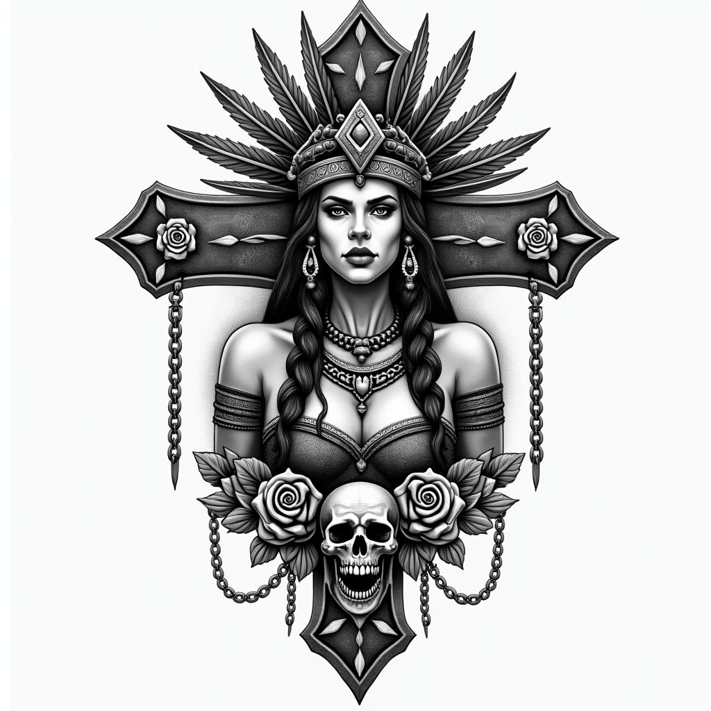Aztec warrior princessin chicano style tattoo, featuring intricate black and grey shading, bold elements of traditional chicano culture symbols, add a big cross with skull, chains and roses