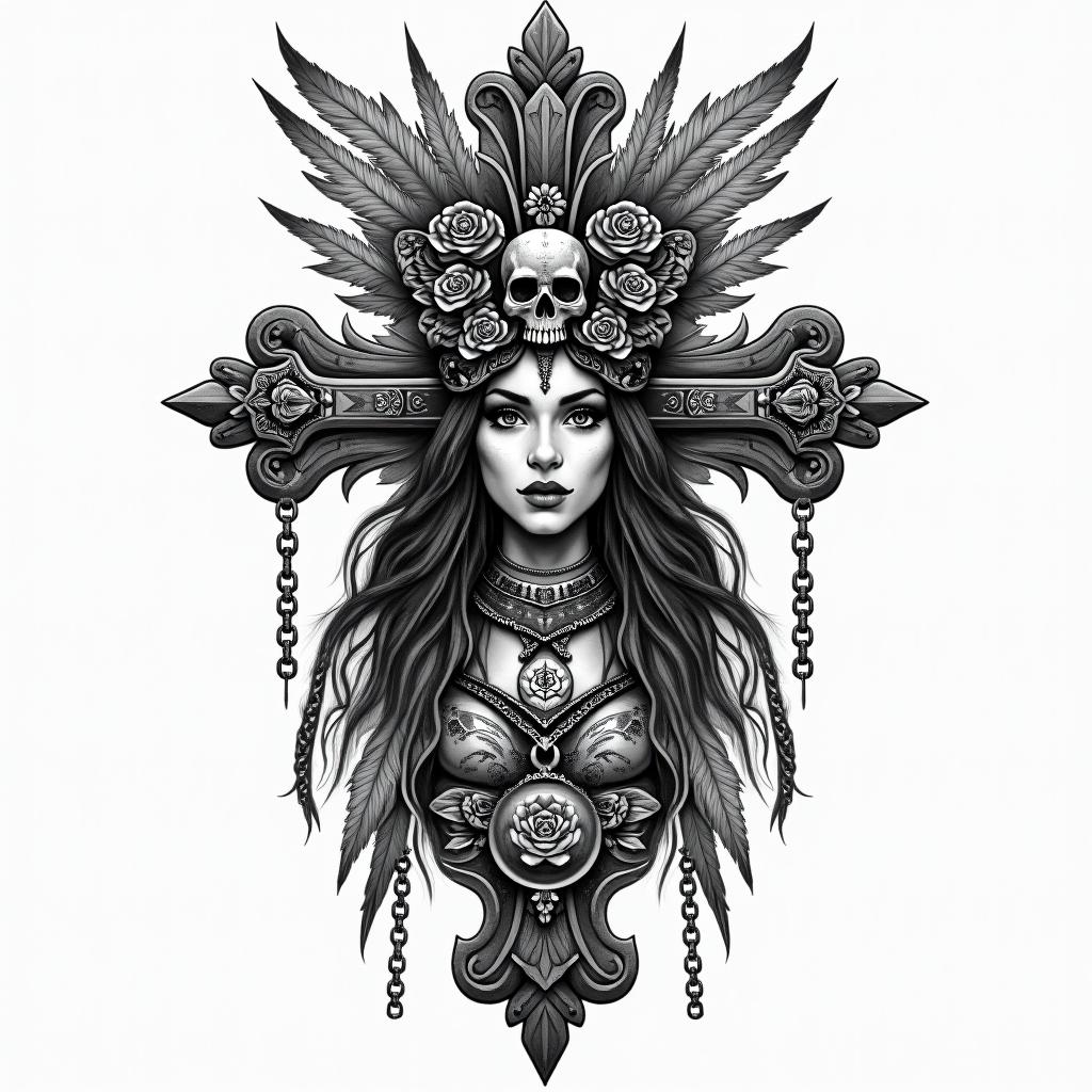 Aztec warrior princessin chicano style tattoo, featuring intricate black and grey shading, bold elements of traditional chicano culture symbols, add a big cross with skull, chains and roses - Variation 4