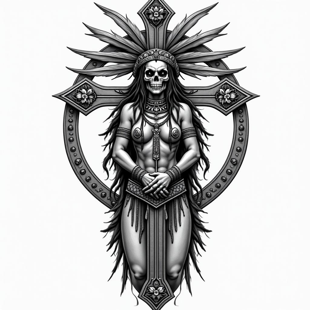 Aztec warrior princessin chicano style tattoo, featuring intricate black and grey shading, bold elements of traditional chicano culture symbols, add a big cross with skull, chains and roses - Variation 3