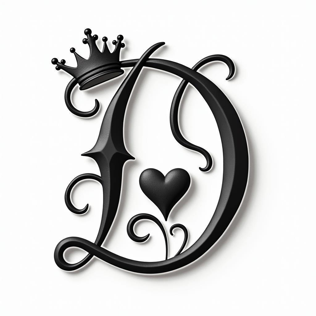 The letter D in fancy cursive with a king crownin elegant cursive calligraphy style 2d tattoo, decorate with roses, featuring a smooth and flowing handwritten script with slightly thickened strokes for a luxurious and bold appearance,  heart symbol between names,  sleek and glossy black text with shadowing, minimalist matte white background, clean and sharp edges, illuminated with soft lighting, romantic, 8k, high-quality textures with refined typography - Variation 4