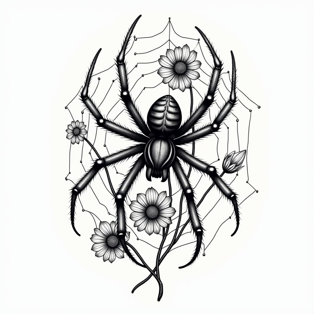 Small spider on web with flowers with stemin authentic tattoo style, incorporating traditional modifications, bold black outlines, solid color fills, featuring classic authentic elements - Variation 3