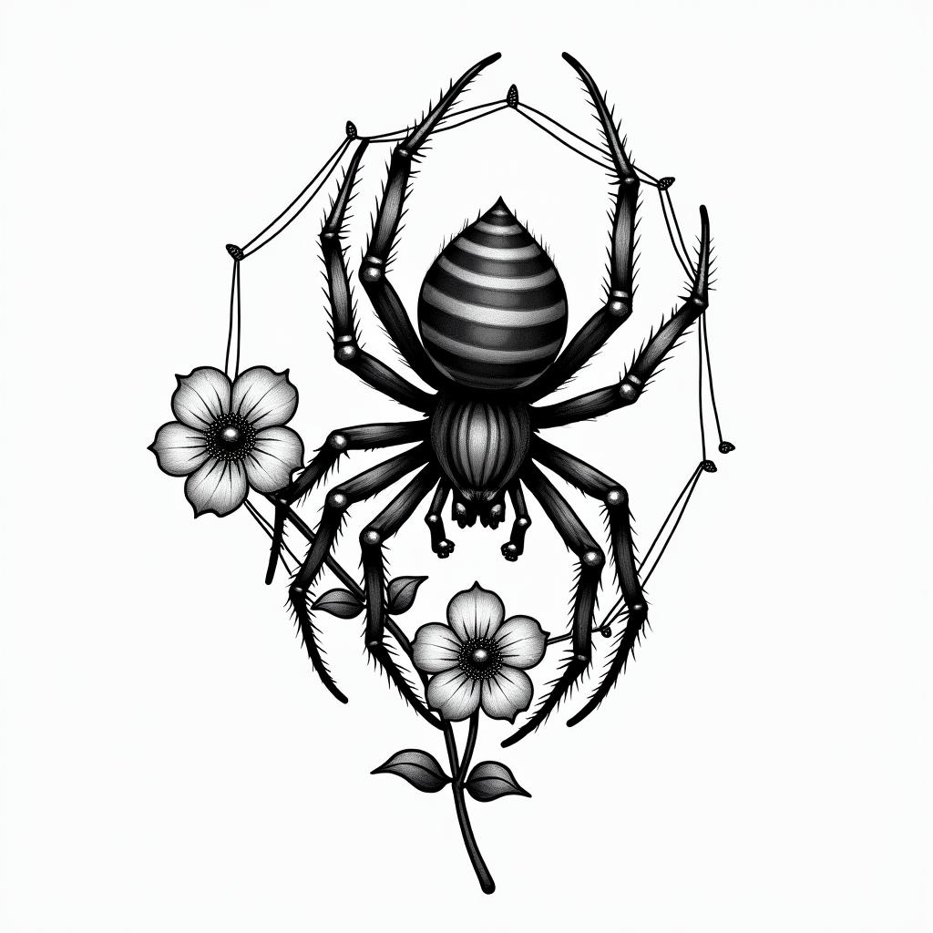 Small spider on web with flowers with stemin authentic tattoo style, incorporating traditional modifications, bold black outlines, solid color fills, featuring classic authentic elements - Variation 2