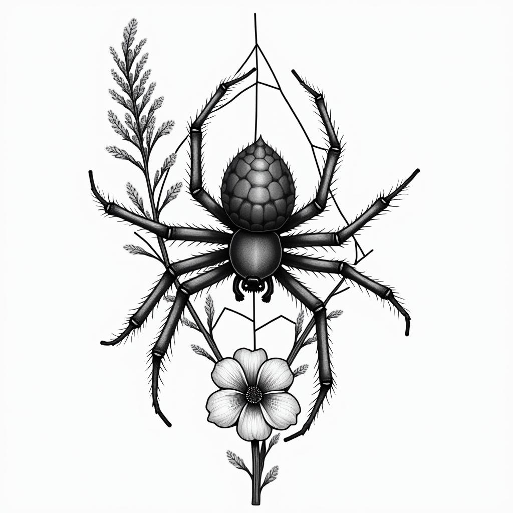 Small spider on web with flowers with stemin authentic tattoo style, incorporating traditional modifications, bold black outlines, solid color fills, featuring classic authentic elements