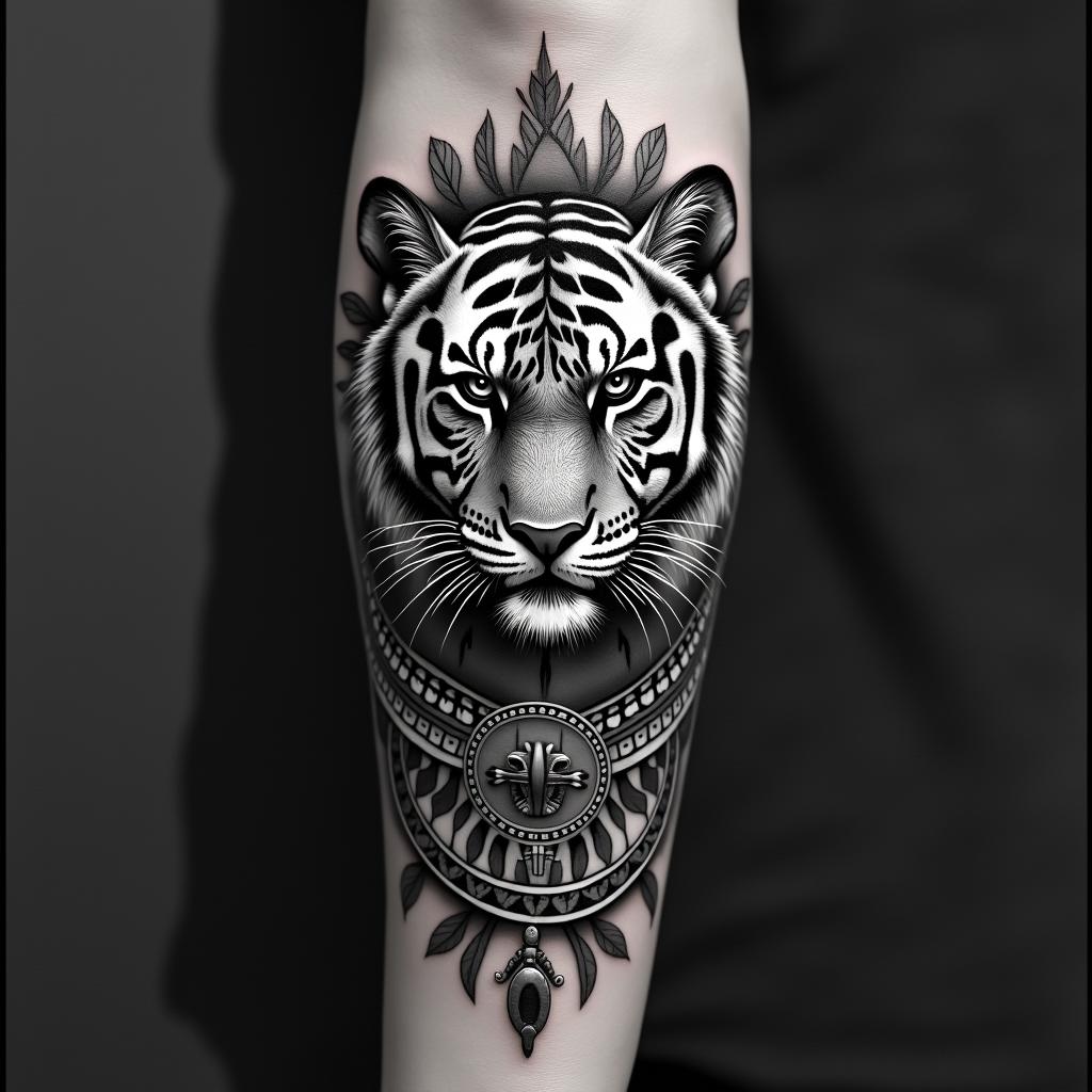 Tiger with intense eyes in a junglein egyptian style tattoo, bold elements of ancient egyptian culture including a portrait of an Egyptian pharaoh with detailed facial features, in hieroglyphs and symbolic imagery, eye of horus, ankh symbol, scarab beetle