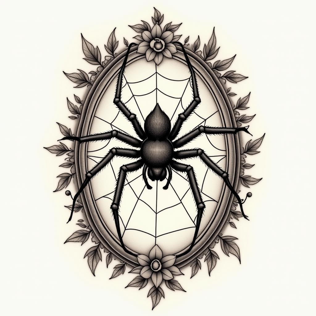 Small spider on web with flowers with stemin victorian style tattoo, featuring vintage and elegant elements, ornate frames, roses, antique, sepia-toned color scheme - Variation 3