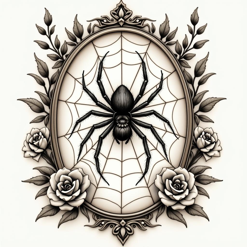 Small spider on web with flowers with stemin victorian style tattoo, featuring vintage and elegant elements, ornate frames, roses, antique, sepia-toned color scheme - Variation 2