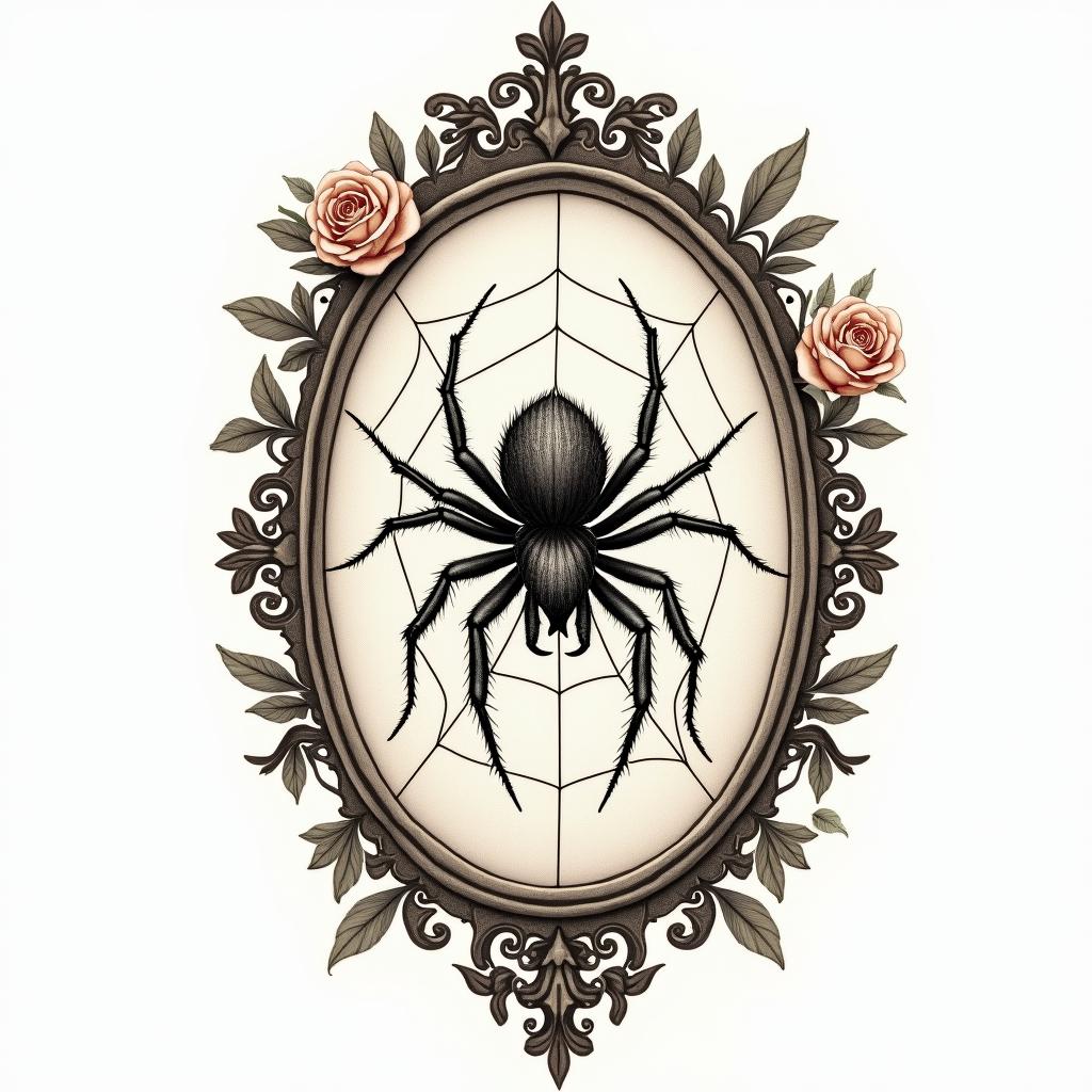 Small spider on web with flowers with stemin victorian style tattoo, featuring vintage and elegant elements, ornate frames, roses, antique, sepia-toned color scheme - Variation 4