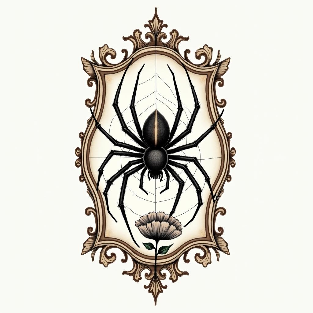 Small spider on web with flowers with stemin victorian style tattoo, featuring vintage and elegant elements, ornate frames, roses, antique, sepia-toned color scheme