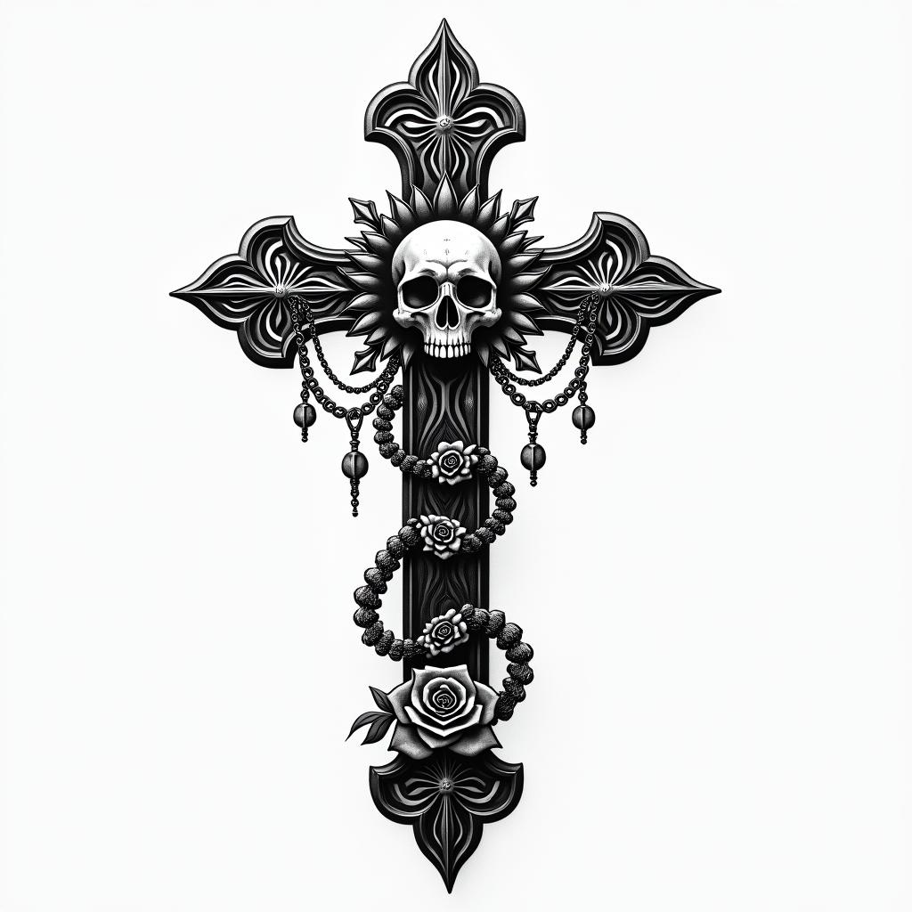 Luis Felipe Ares Niteróiin chicano style tattoo, featuring intricate black and grey shading, bold elements of traditional chicano culture symbols, add a big cross with skull, chains and roses