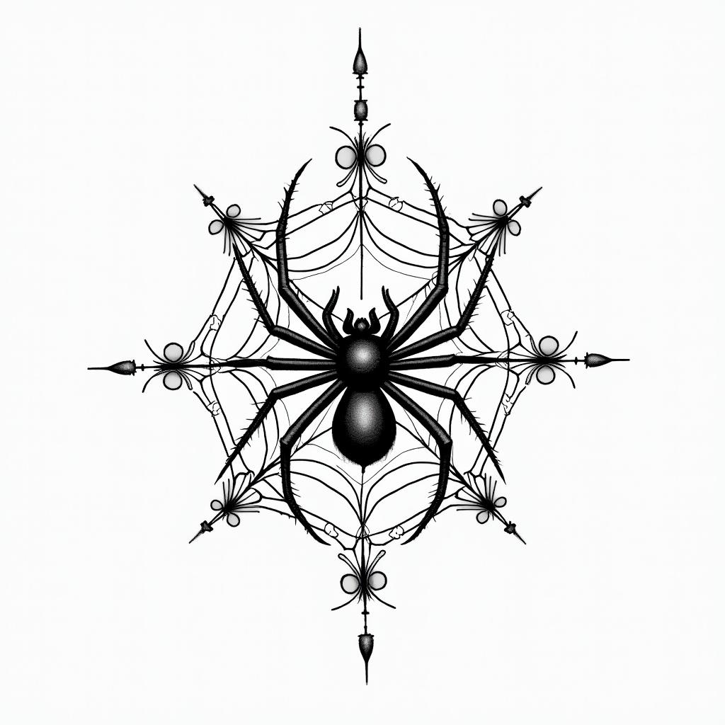 Small spider on web with flowers with stemin dotwork style tattoo, complex mandala patterns, interlocking geometric shapes with sharp symmetry, clean lines, sharp angles - Variation 13