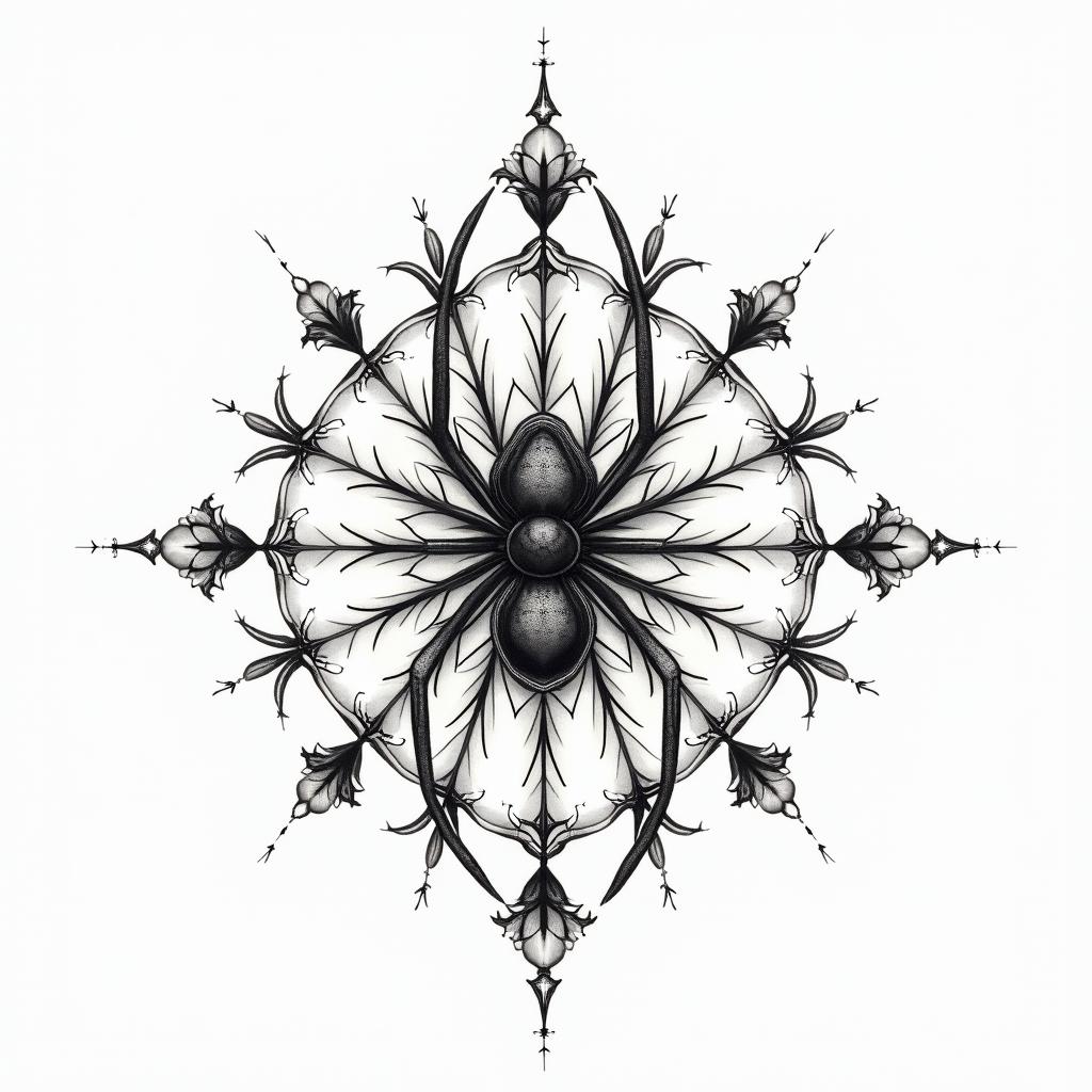Small spider on web with flowers with stemin dotwork style tattoo, complex mandala patterns, interlocking geometric shapes with sharp symmetry, clean lines, sharp angles - Variation 15