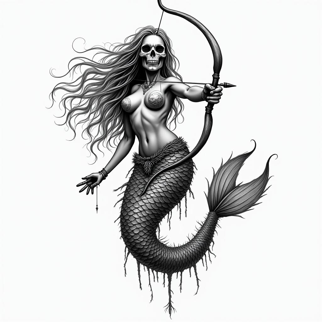 Traditional mermaid with bow and arrowcreepy horror tattoo style, featuring an eerie and unsettling skull of a demonic creature, distorted face with sharp fangs, add pentagram symbol - Variation 4