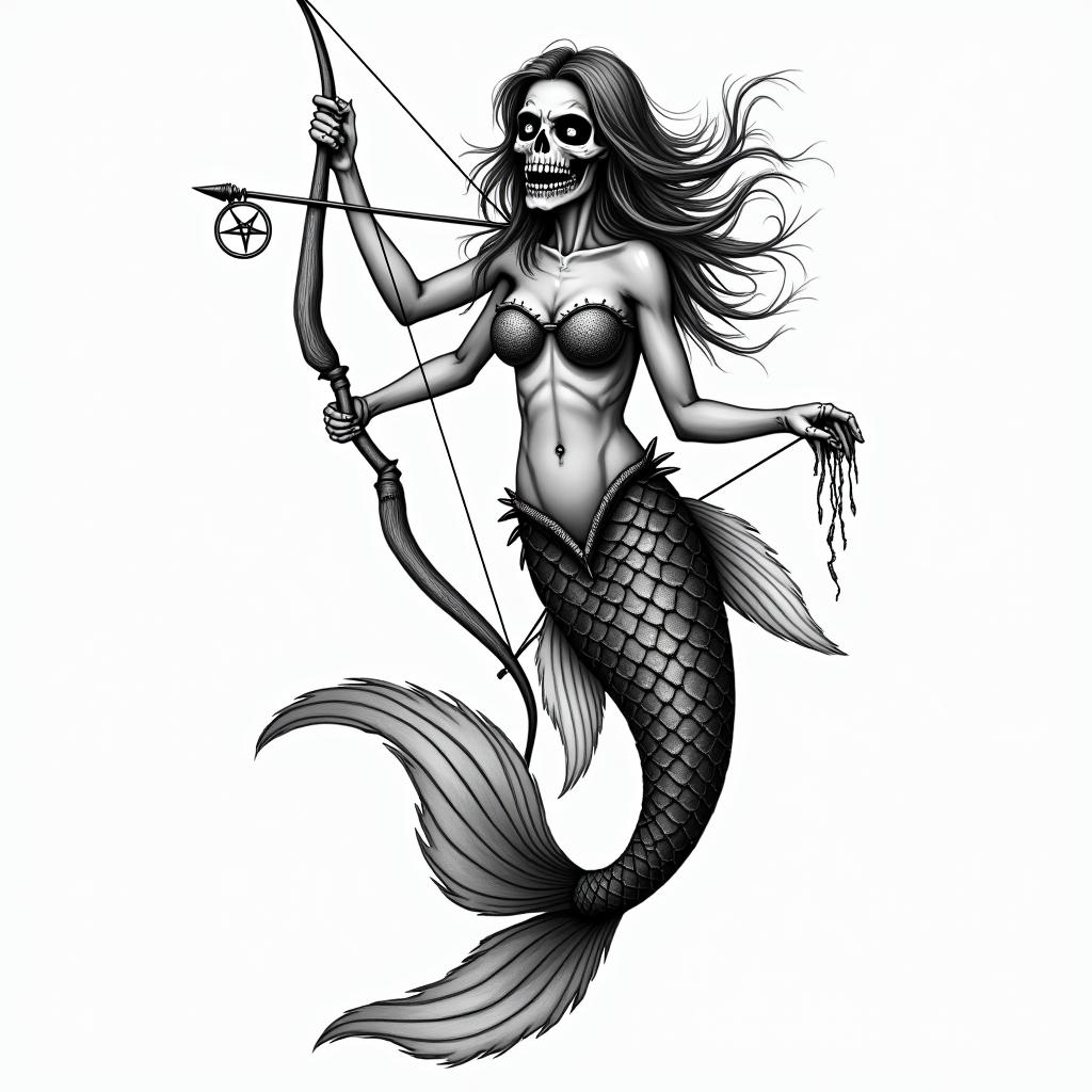 Traditional mermaid with bow and arrowcreepy horror tattoo style, featuring an eerie and unsettling skull of a demonic creature, distorted face with sharp fangs, add pentagram symbol - Variation 2