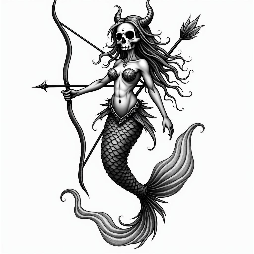 Traditional mermaid with bow and arrowcreepy horror tattoo style, featuring an eerie and unsettling skull of a demonic creature, distorted face with sharp fangs, add pentagram symbol - Variation 3