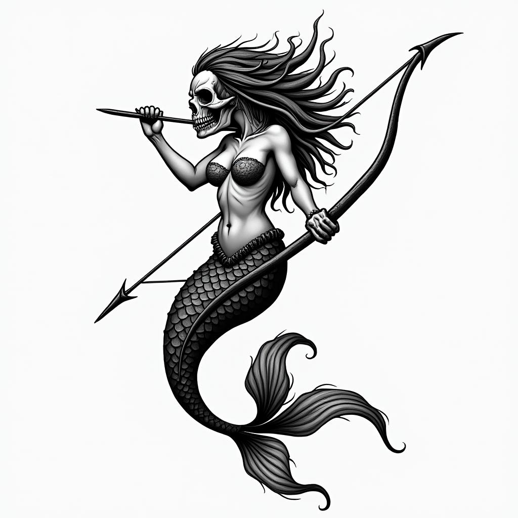 Traditional mermaid with bow and arrowcreepy horror tattoo style, featuring an eerie and unsettling skull of a demonic creature, distorted face with sharp fangs, add pentagram symbol