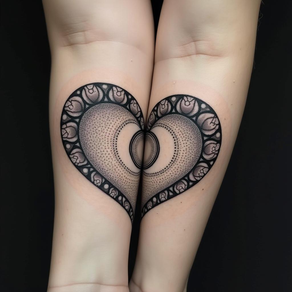 Small Matching Tattoos. A heart lock with the universe pattern(stars and planets) . A key with a crescent moon unlocking the lock shaped like a crescent moon. The word Nelle intertwined with the key.in dotwork style tattoo, complex mandala patterns, interlocking geometric shapes with sharp symmetry, clean lines, sharp angles - Variation 3