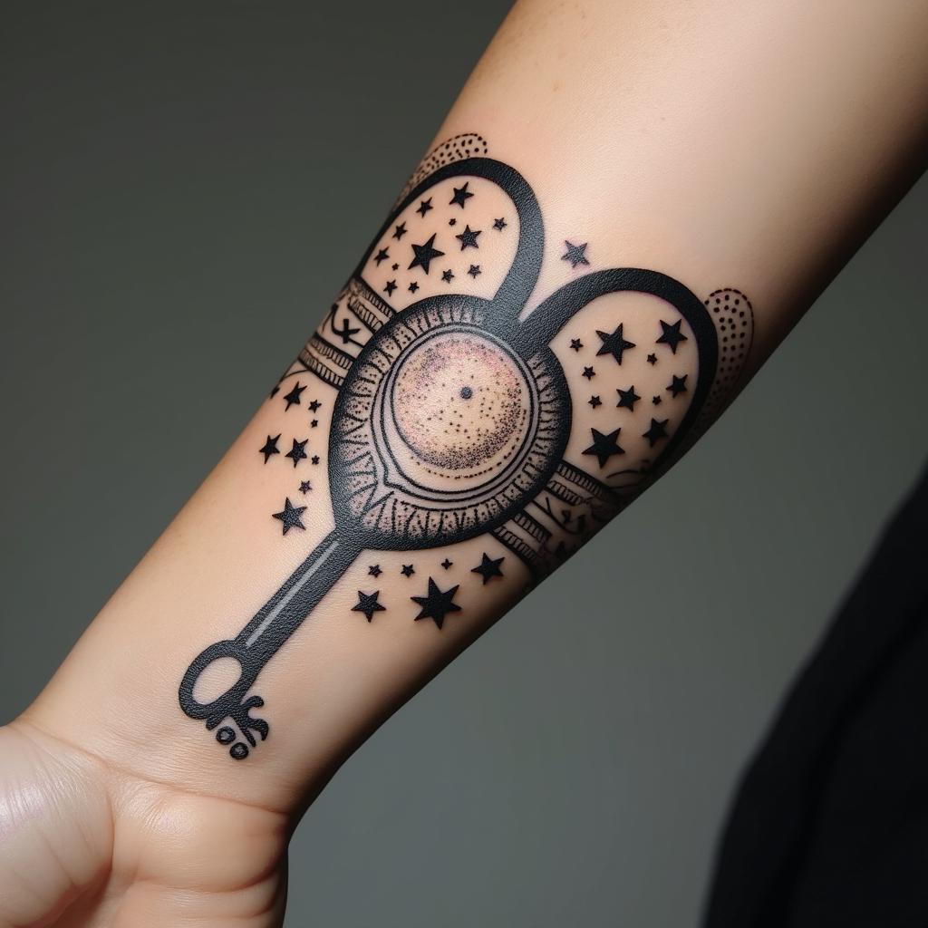Small Matching Tattoos. A heart lock with the universe pattern(stars and planets) . A key with a crescent moon unlocking the lock shaped like a crescent moon. The word Nelle intertwined with the key.in dotwork style tattoo, complex mandala patterns, interlocking geometric shapes with sharp symmetry, clean lines, sharp angles - Variation 2