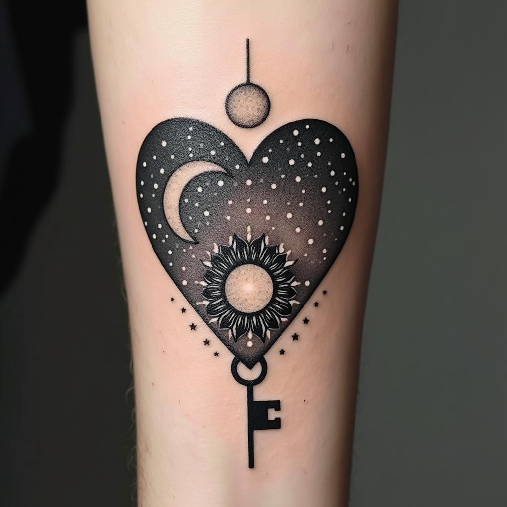 Small Matching Tattoos. A heart lock with the universe pattern(stars and planets) . A key with a crescent moon unlocking the lock shaped like a crescent moon. The word Nelle intertwined with the key.in dotwork style tattoo, complex mandala patterns, interlocking geometric shapes with sharp symmetry, clean lines, sharp angles