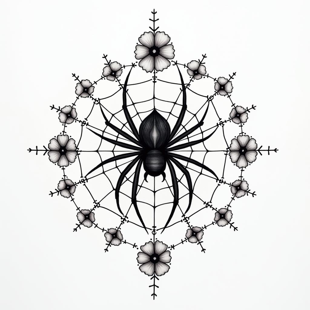 Small spider on web with flowers with stemin dotwork style tattoo, complex mandala patterns, interlocking geometric shapes with sharp symmetry, clean lines, sharp angles - Variation 8
