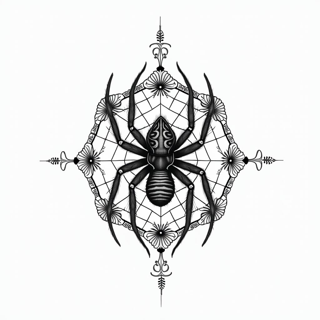 Small spider on web with flowers with stemin dotwork style tattoo, complex mandala patterns, interlocking geometric shapes with sharp symmetry, clean lines, sharp angles - Variation 4