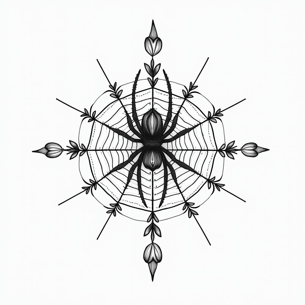 Small spider on web with flowers with stemin dotwork style tattoo, complex mandala patterns, interlocking geometric shapes with sharp symmetry, clean lines, sharp angles