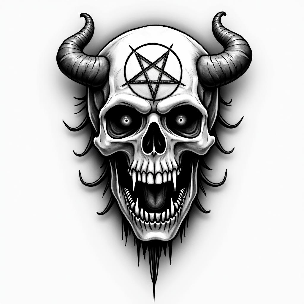Santa Muertecreepy horror tattoo style, featuring an eerie and unsettling skull of a demonic creature, distorted face with sharp fangs, add pentagram symbol