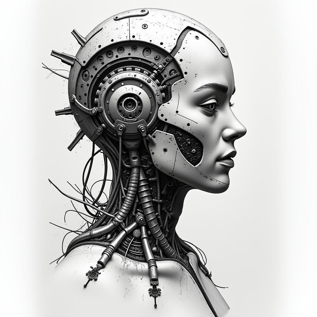 Luke 6:37 - 
Judge not, and ye shall not be judged: condemn not, and ye shall not be condemned: forgive, and ye shall be forgiven:tattoo in biomechanic style, the tattoo covered by robotic elements of futuristic cyberpunk design, robotic features detail, showcasing intricate mechanical components - Variation 4