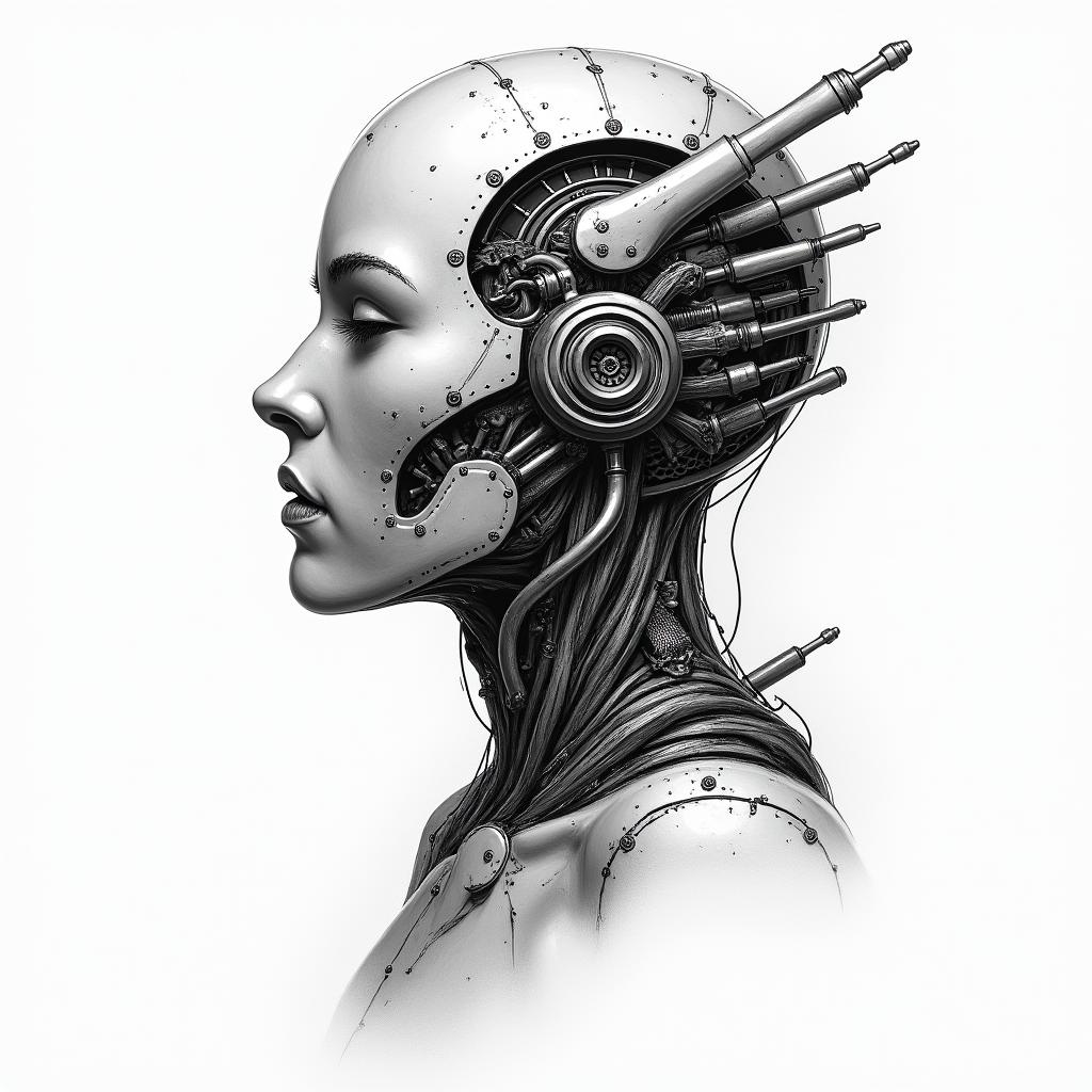 Luke 6:37 - 
Judge not, and ye shall not be judged: condemn not, and ye shall not be condemned: forgive, and ye shall be forgiven:tattoo in biomechanic style, the tattoo covered by robotic elements of futuristic cyberpunk design, robotic features detail, showcasing intricate mechanical components