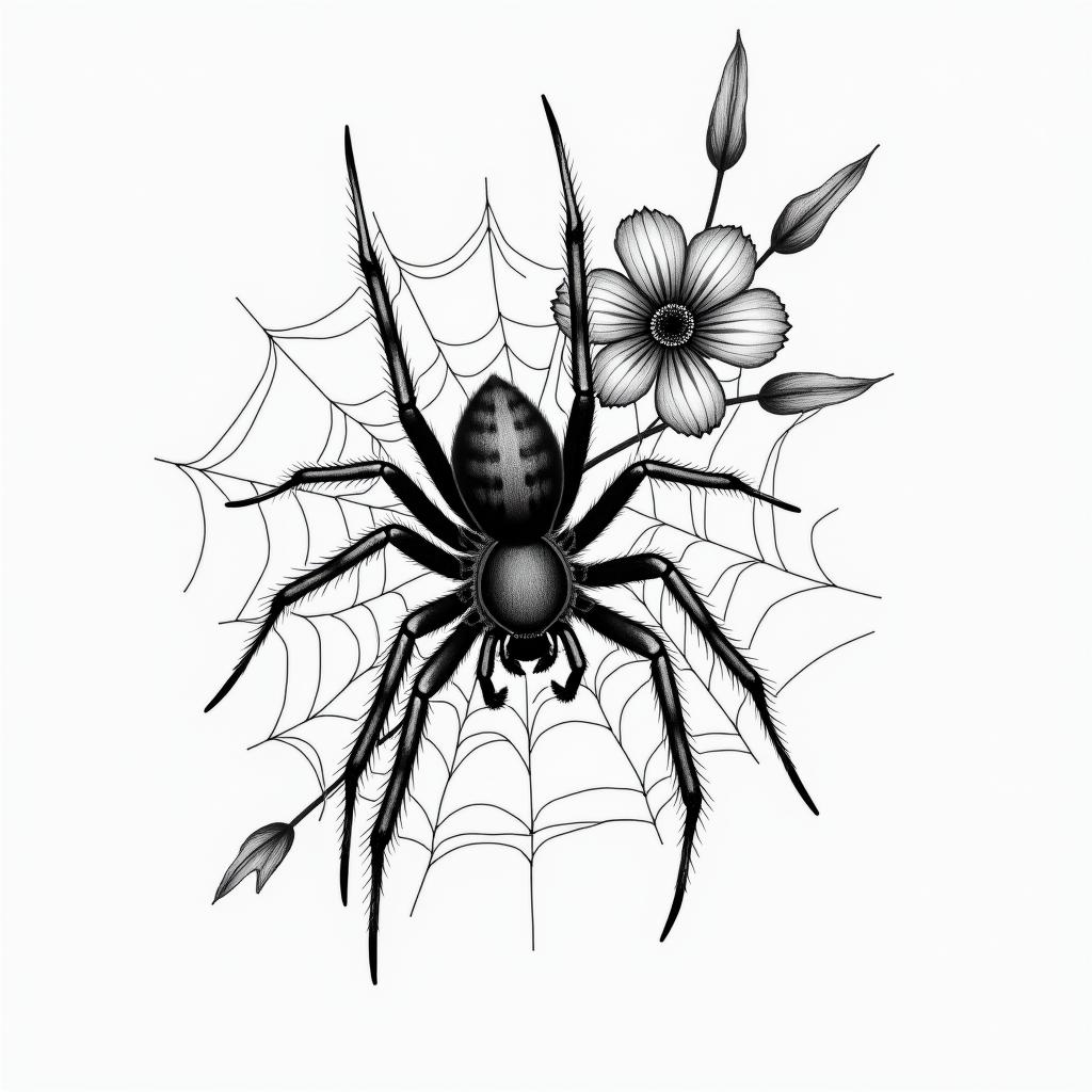 Small spider on web with flowers with stemin portrait tattoo style, featuring a highly realistic and detailed depiction  - Variation 101