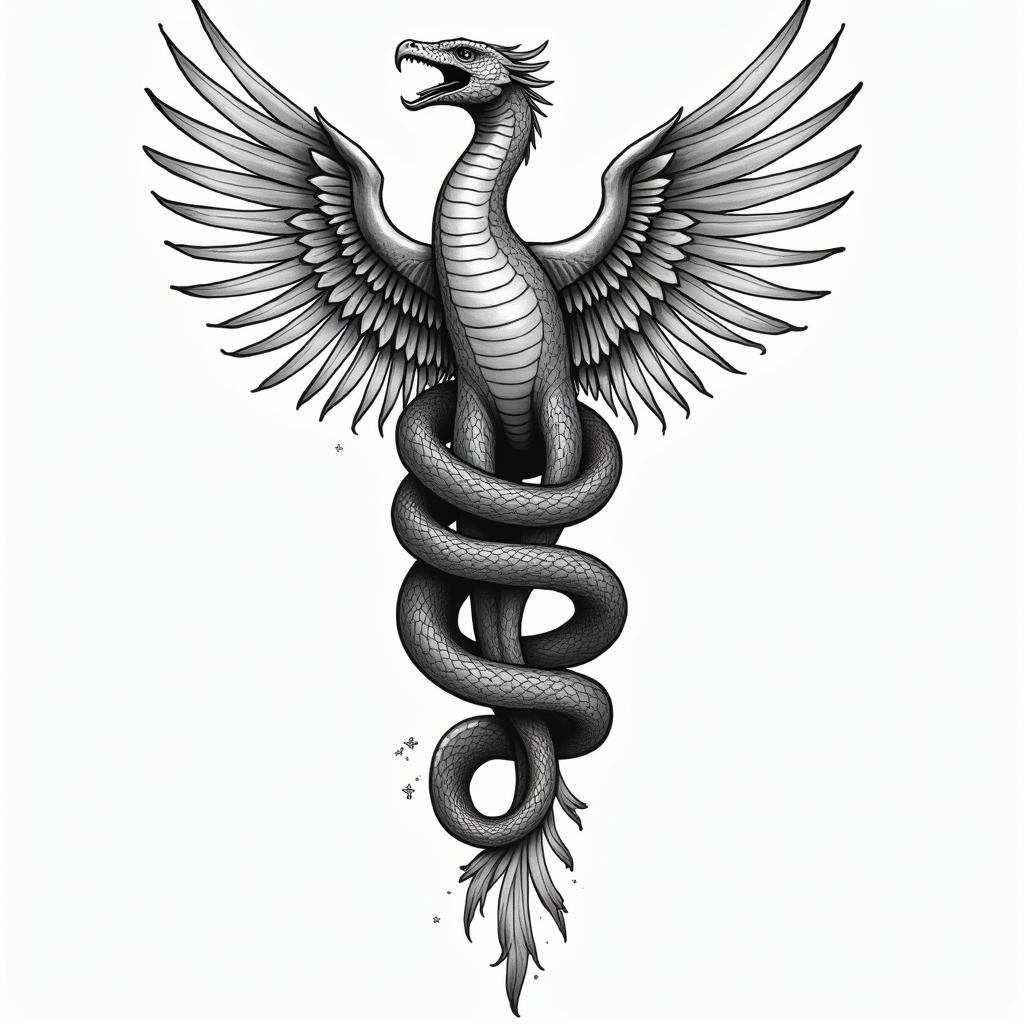 Medical snakes wrapped around phoenixin new school tattoo, pop culture, modern, detailed tattoo, illustrative - Variation 3