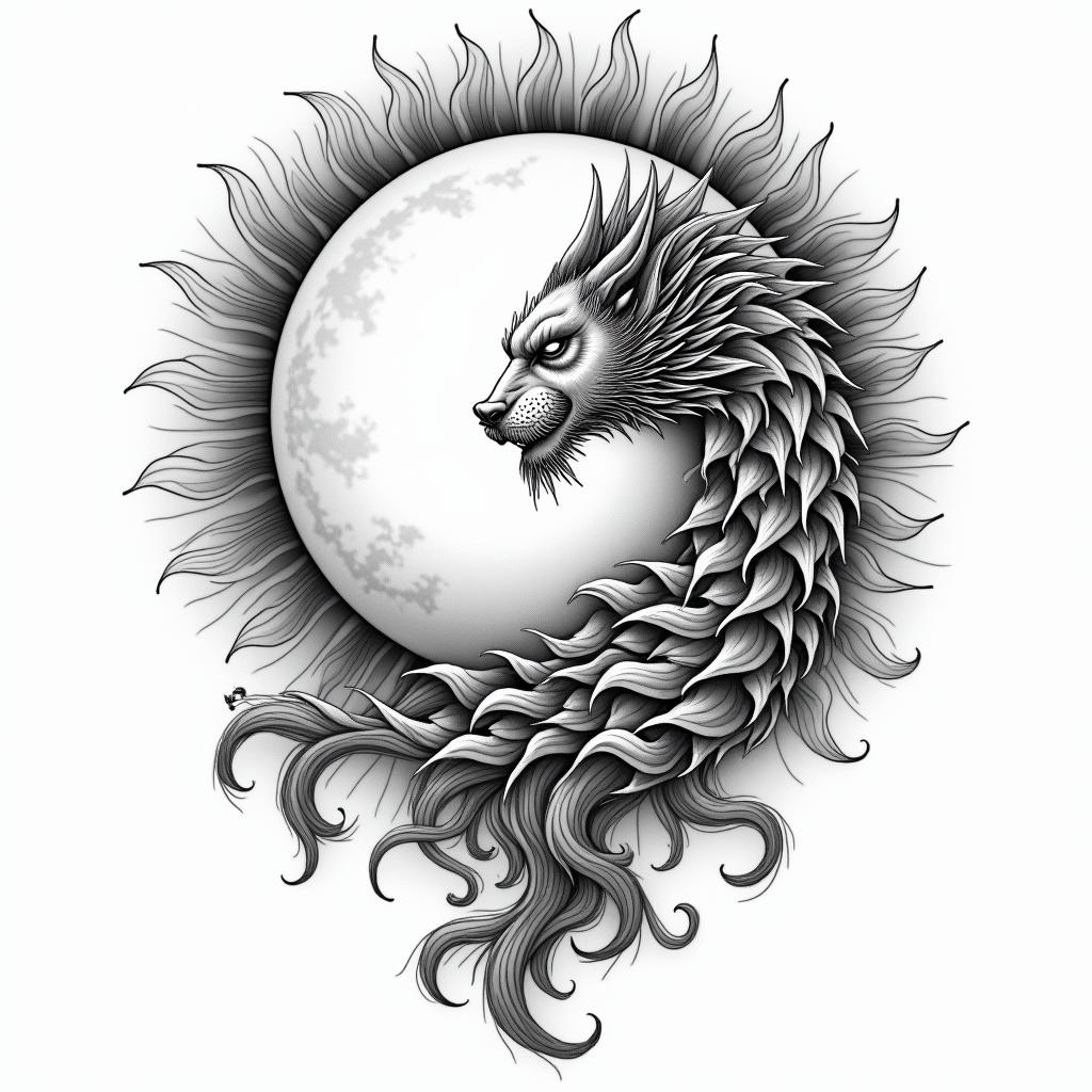 Sun and moon intertwined, shiningin japanese style tattoo, detailed tattoo, traditional japanese culture tattoo, mythology, 8k - Variation 3