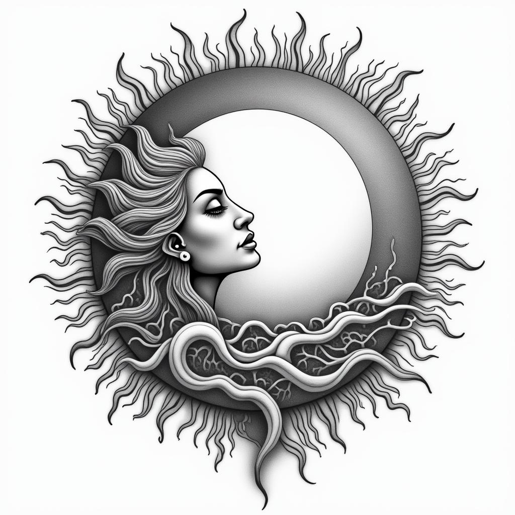 Sun and moon intertwined, shiningin japanese style tattoo, detailed tattoo, traditional japanese culture tattoo, mythology, 8k