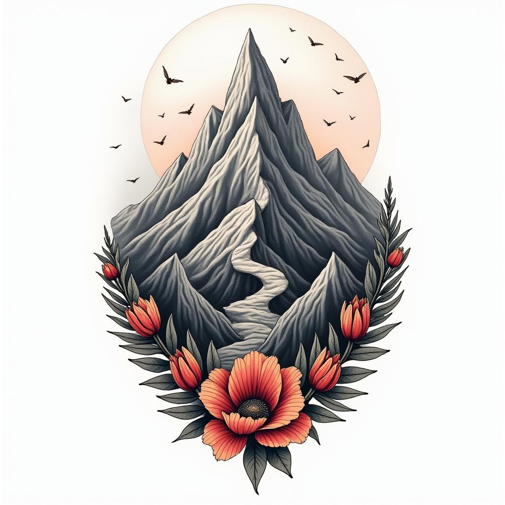 design a bastion mountain tattoo with color, flowers, north south east west, Indian head in mountainhigly detailed tattoo - Variation 7
