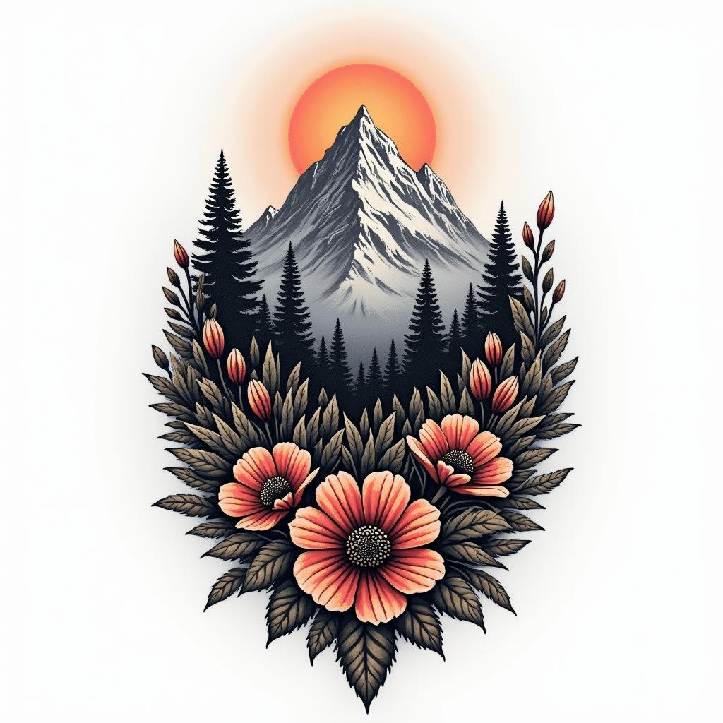 design a bastion mountain tattoo with color, flowers, north south east west, Indian head in mountainhigly detailed tattoo - Variation 8