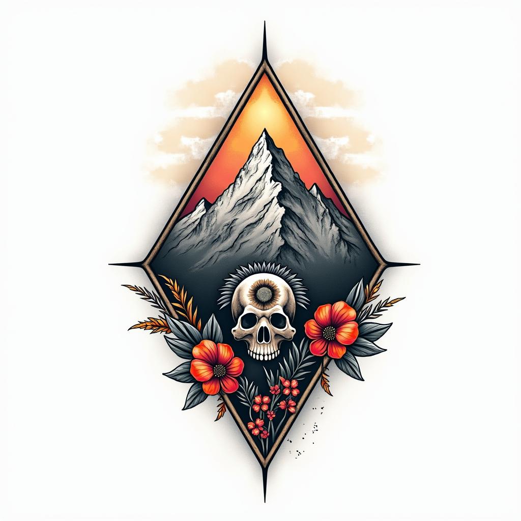 design a bastion mountain tattoo with color, flowers, north south east west, Indian head in mountainhigly detailed tattoo - Variation 5