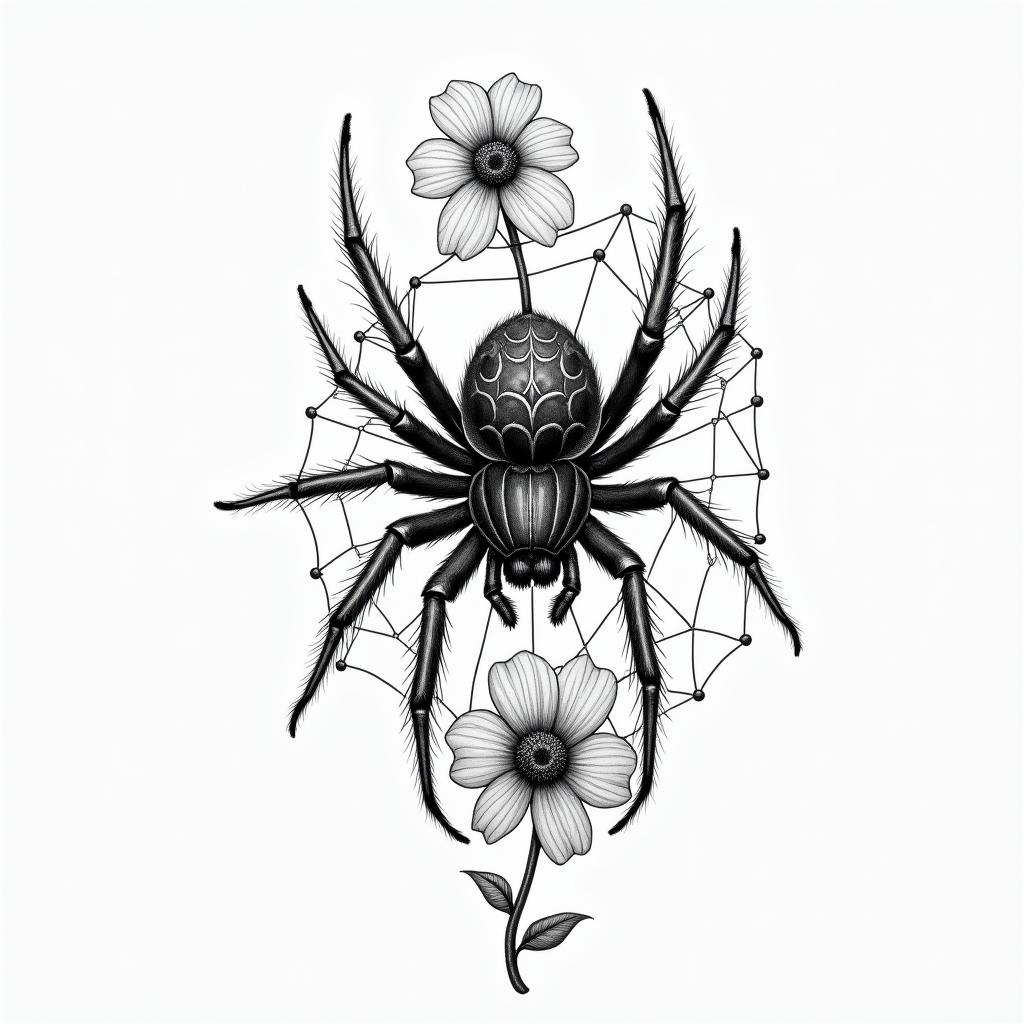 Small spider on web with flowers with stemin portrait tattoo style, featuring a highly realistic and detailed depiction  - Variation 97