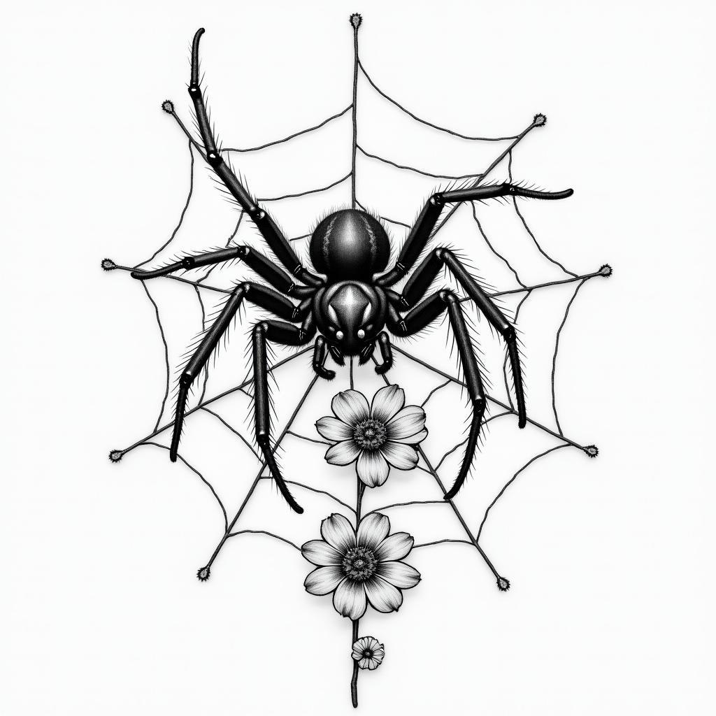 Small spider on web with flowers with stemin portrait tattoo style, featuring a highly realistic and detailed depiction  - Variation 99