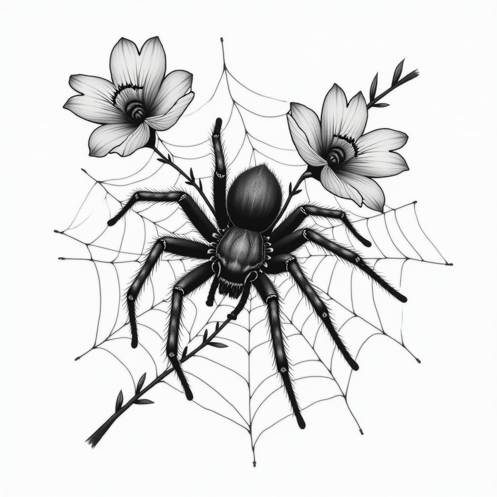 Small spider on web with flowers with stemin portrait tattoo style, featuring a highly realistic and detailed depiction  - Variation 100