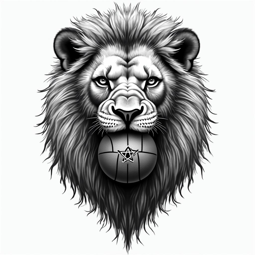 Lion with basketball in his mouth and 3 crossescreepy horror tattoo style, featuring an eerie and unsettling skull of a demonic creature, distorted face with sharp fangs, add pentagram symbol - Variation 4