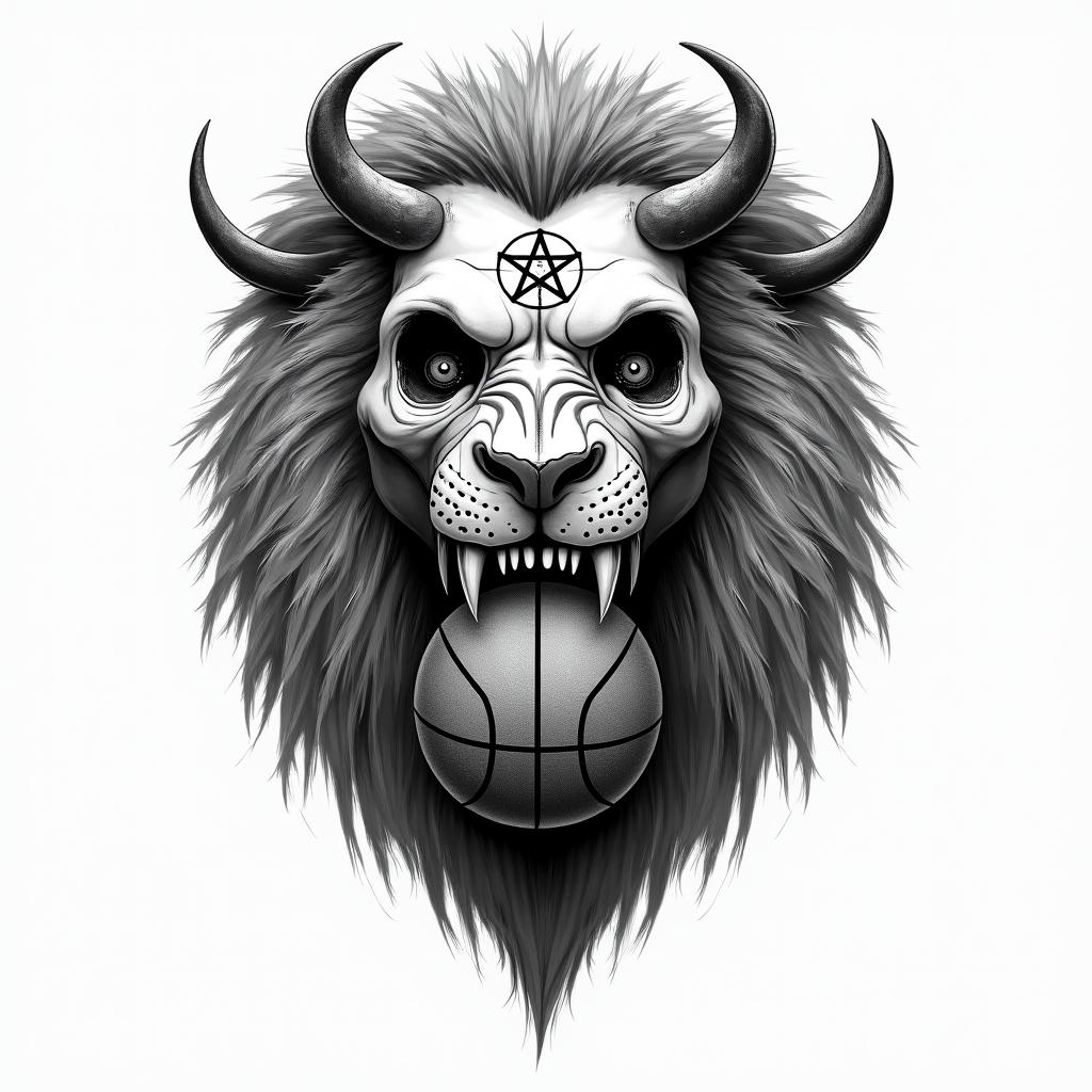 Lion with basketball in his mouth and 3 crossescreepy horror tattoo style, featuring an eerie and unsettling skull of a demonic creature, distorted face with sharp fangs, add pentagram symbol