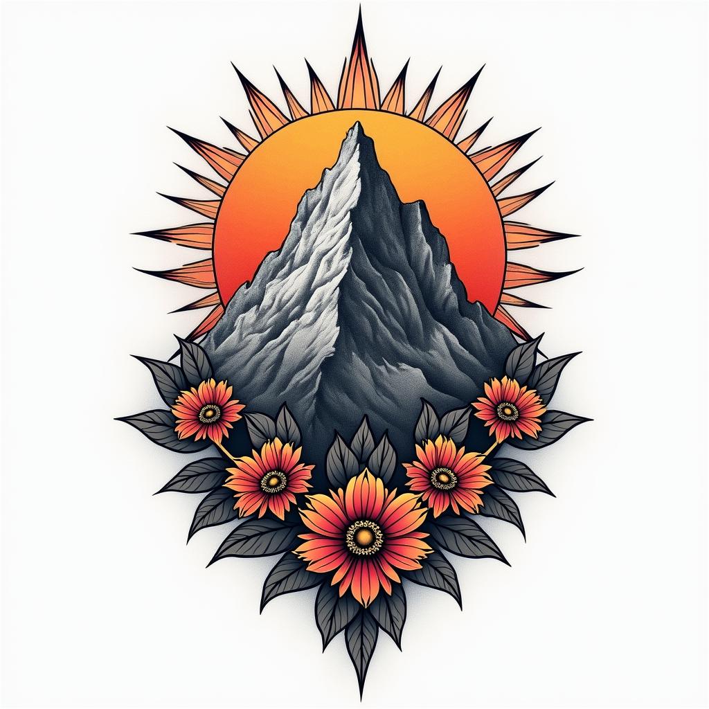 design a bastion mountain tattoo with color, flowers, north south east west, Indian head in mountainhigly detailed tattoo - Variation 4