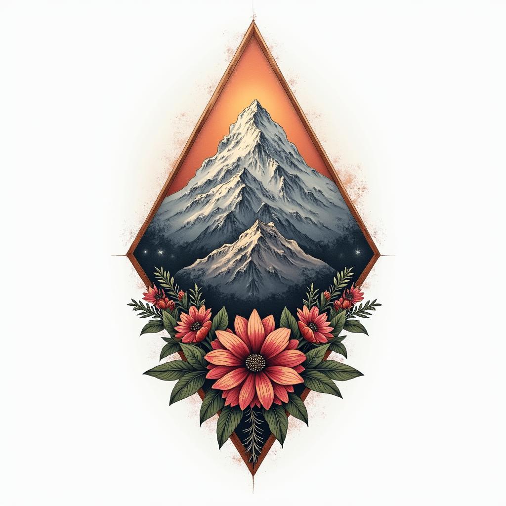 design a bastion mountain tattoo with color, flowers, north south east west, Indian head in mountainhigly detailed tattoo - Variation 2