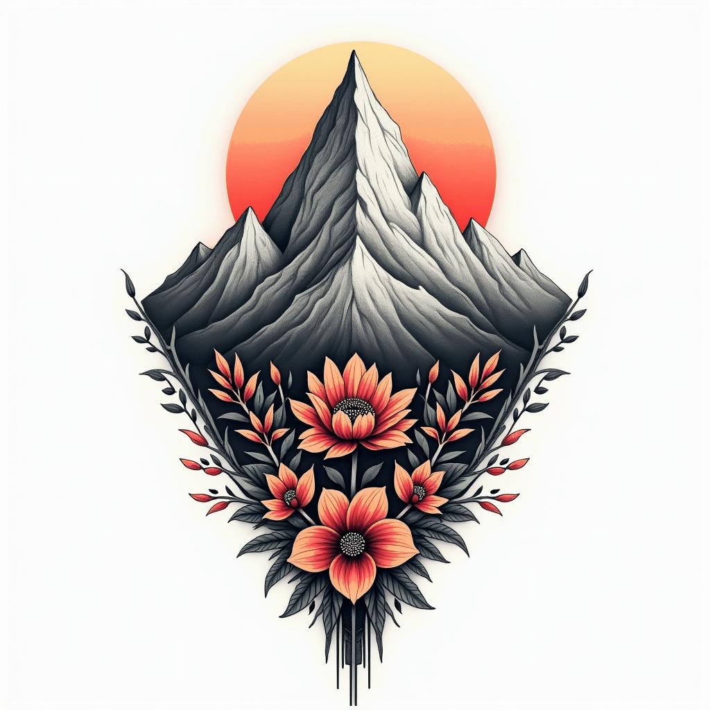 design a bastion mountain tattoo with color, flowers, north south east west, Indian head in mountainhigly detailed tattoo