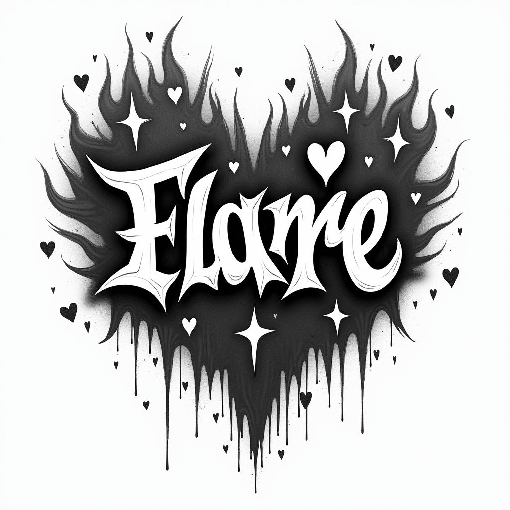 Flame outline backgroundin graffiti style tattoo, featuring bold and dynamic street art elements, spray-paint texture with exaggerated lines and expressive, chaotic brushstrokes, intricate lettering incorporated with graffiti tags, symbols like hearts, stars, and wings - Variation 2
