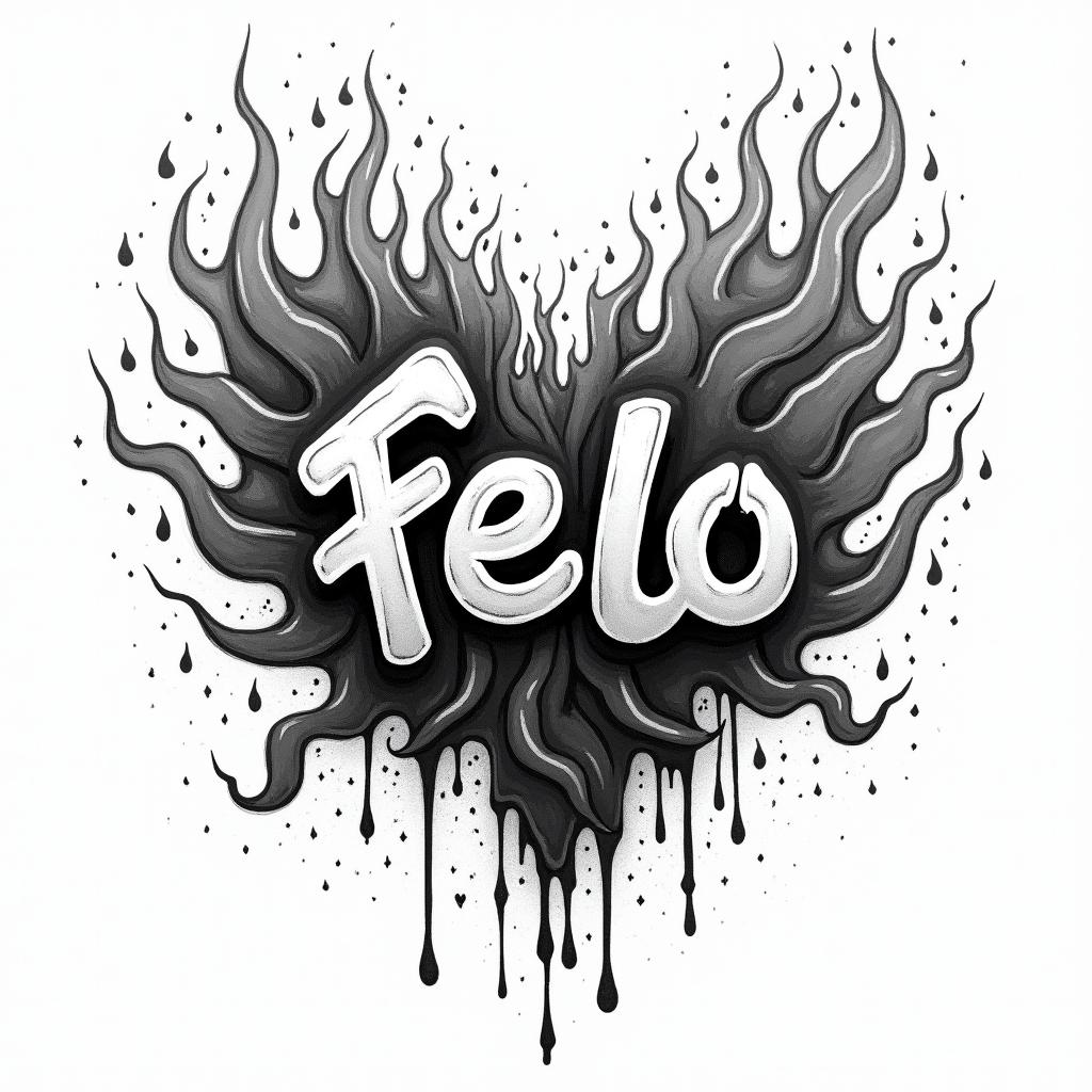 Flame outline backgroundin graffiti style tattoo, featuring bold and dynamic street art elements, spray-paint texture with exaggerated lines and expressive, chaotic brushstrokes, intricate lettering incorporated with graffiti tags, symbols like hearts, stars, and wings